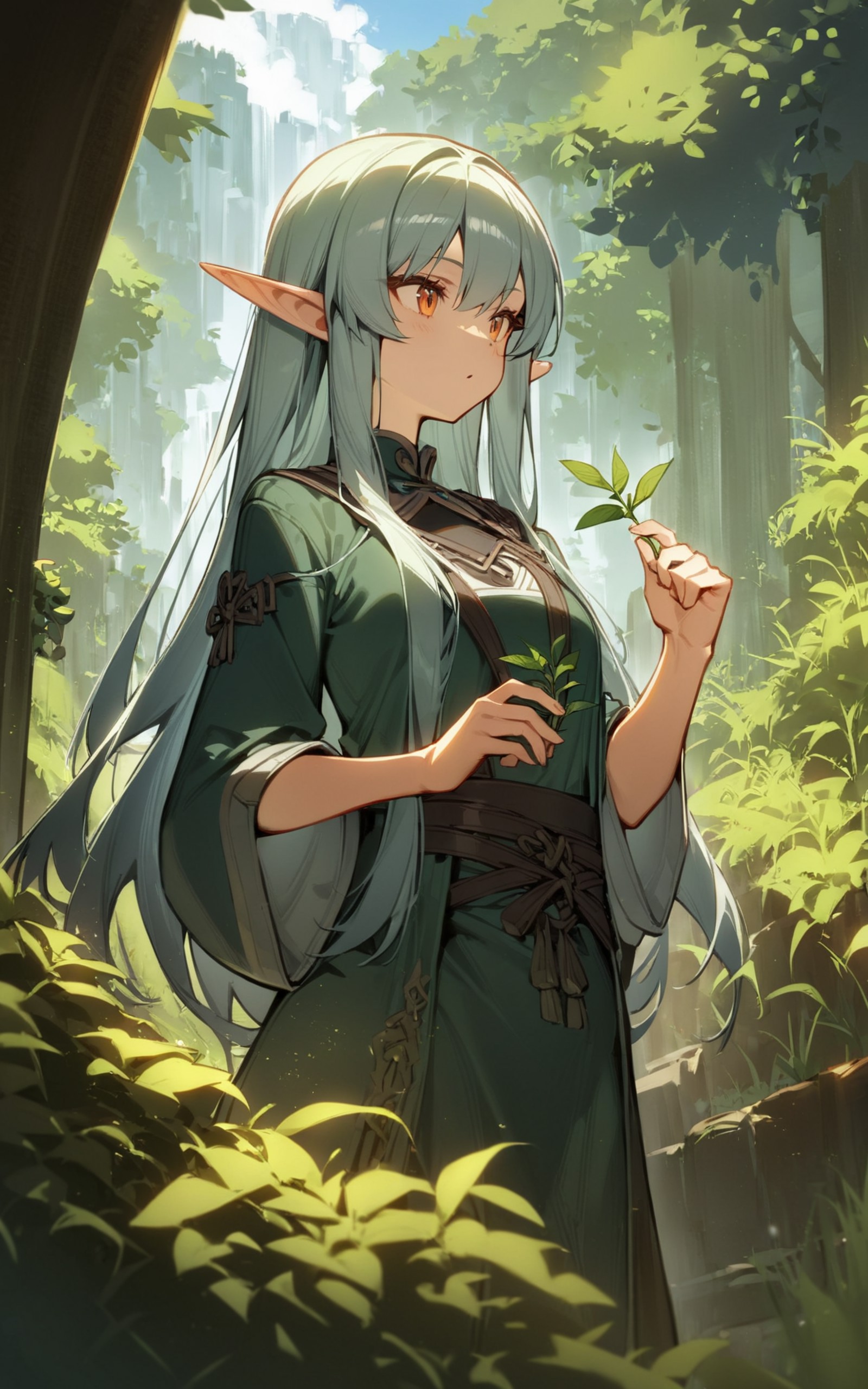 1girl, long hair, elf, outdoors, holding herb